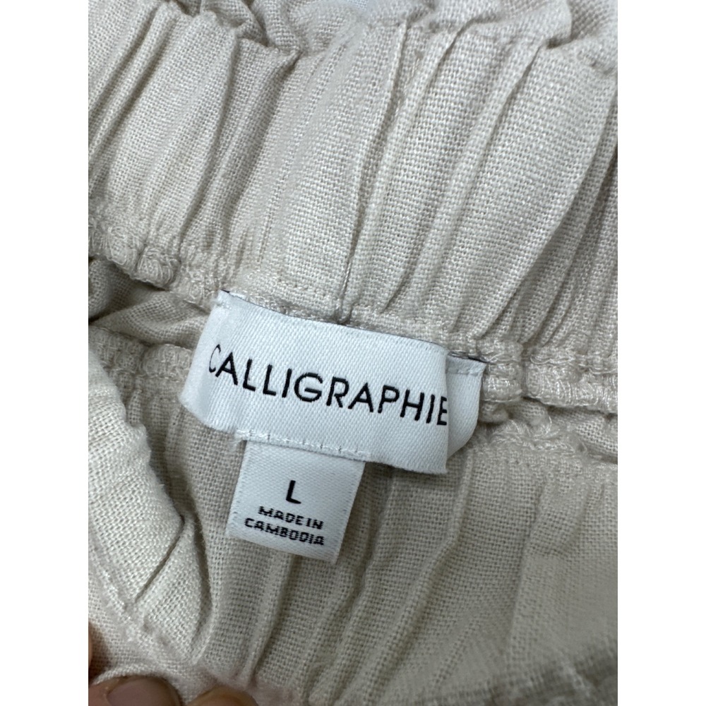 Calligraphie Linen Blend Wide Leg Pants Womens L Beige Excellent Paperbag Slit - Picture 2 of 10